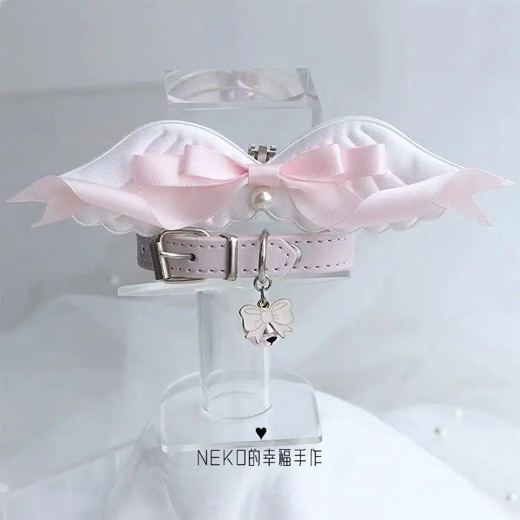 Original handmade bow angel wings, cute and beautiful choker leather collar for cats and dogs, pet dolls